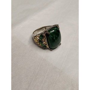 STS‎ Stamped Silver Tone Green Marble Look Stone Ring Size 8 (1a4)